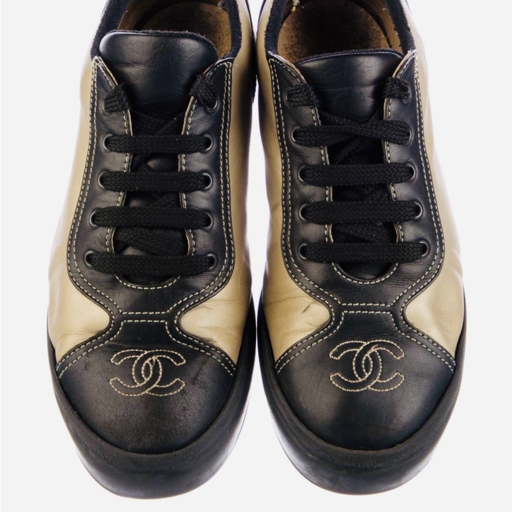 CHANEL Black & Gold Leather Lace-Up Sneakers